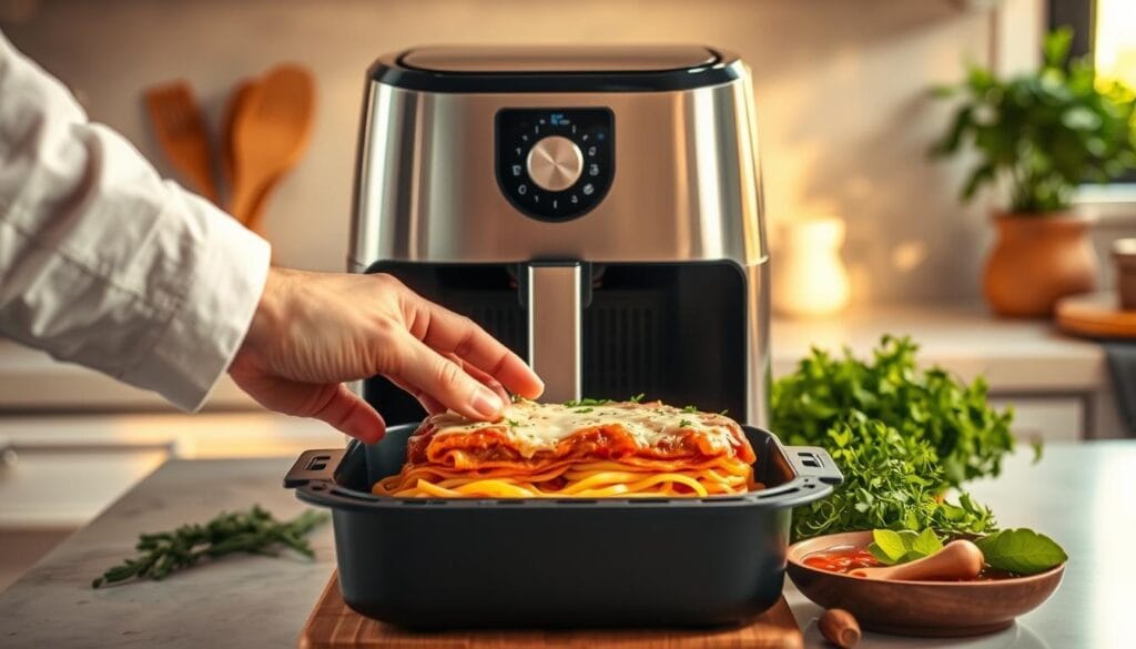 Air Fryer cozinhando lasanha
