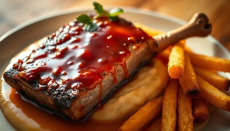 Alcatra suína agridoce com creme de milho e palitos de mandioca