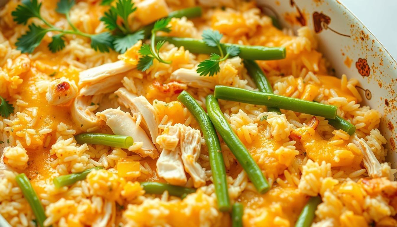 Travessa branca com arroz de forno com queijo e vagem Arroz de forno com frango