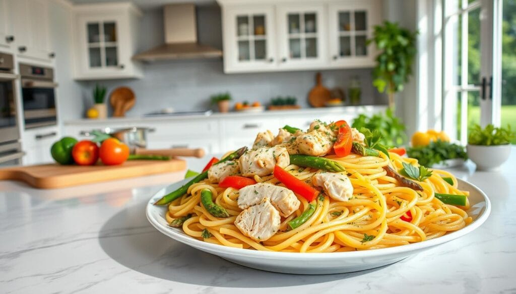 preparo de frango pasta primavera