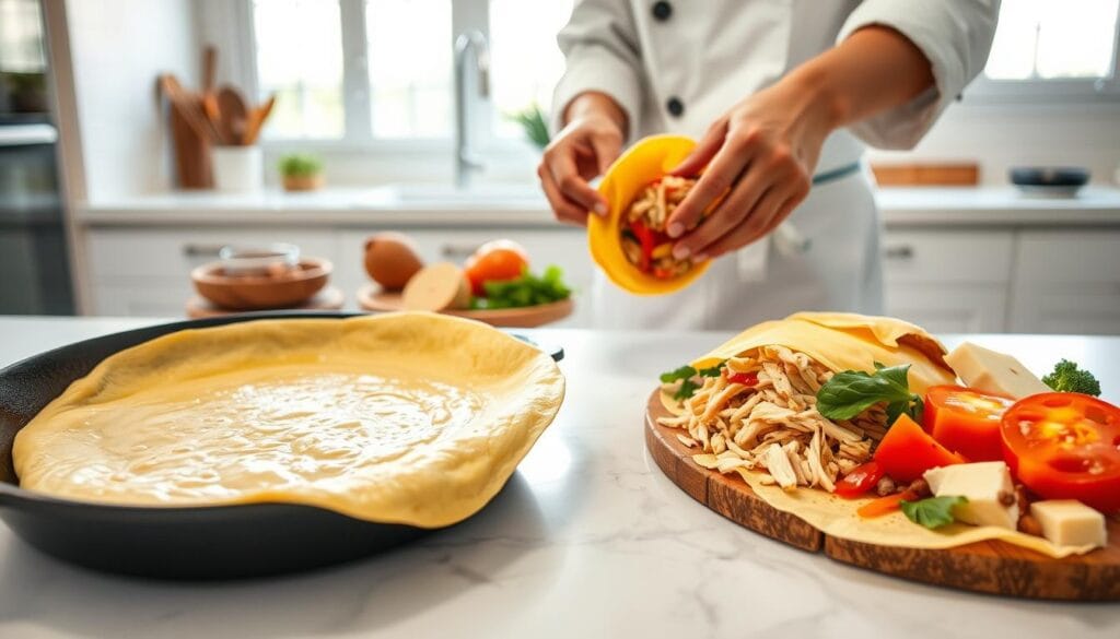 preparo de panqueca recheada