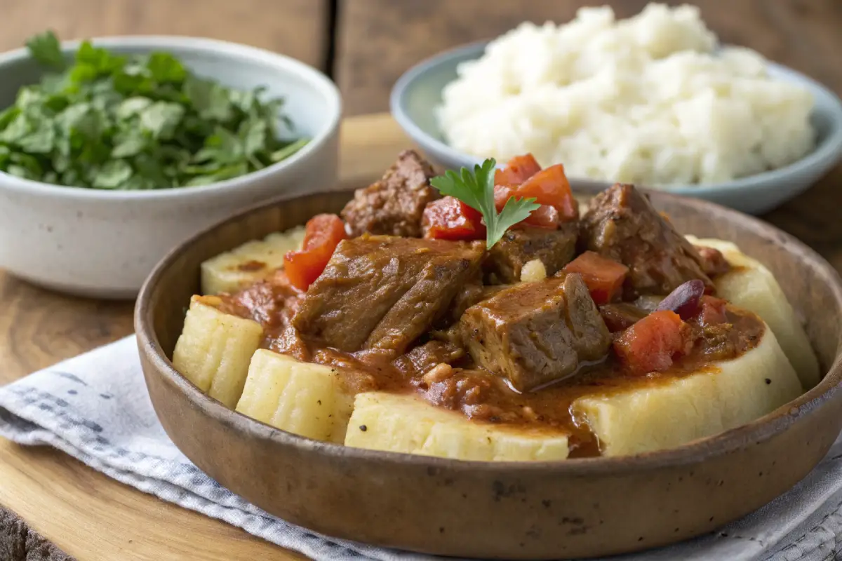 Mandioca com carne de panela servida com arroz